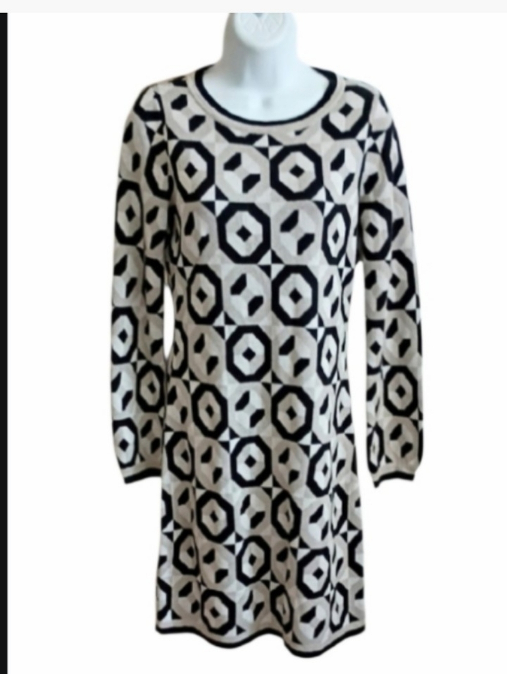Boden Art Deco Geometric  Pattern Black Gray Metallic Silver Knit Dress sz 4R